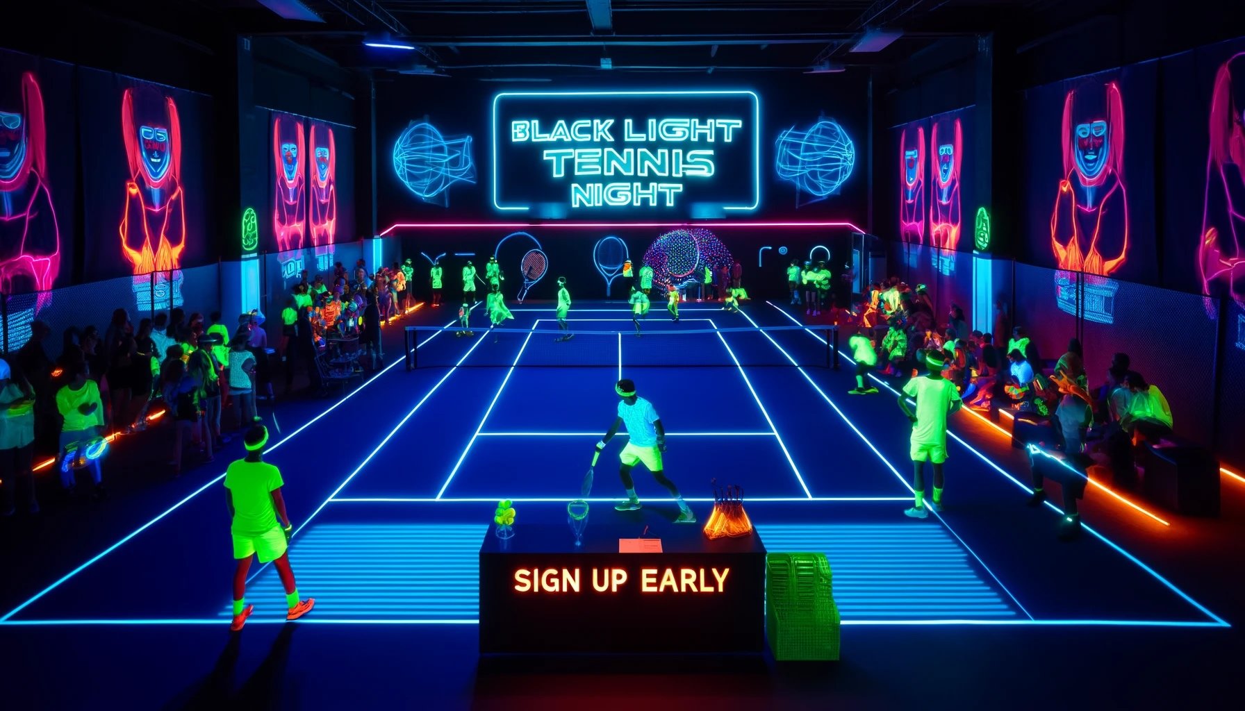 Black Light Tennis Night event flyer with glowing neon court