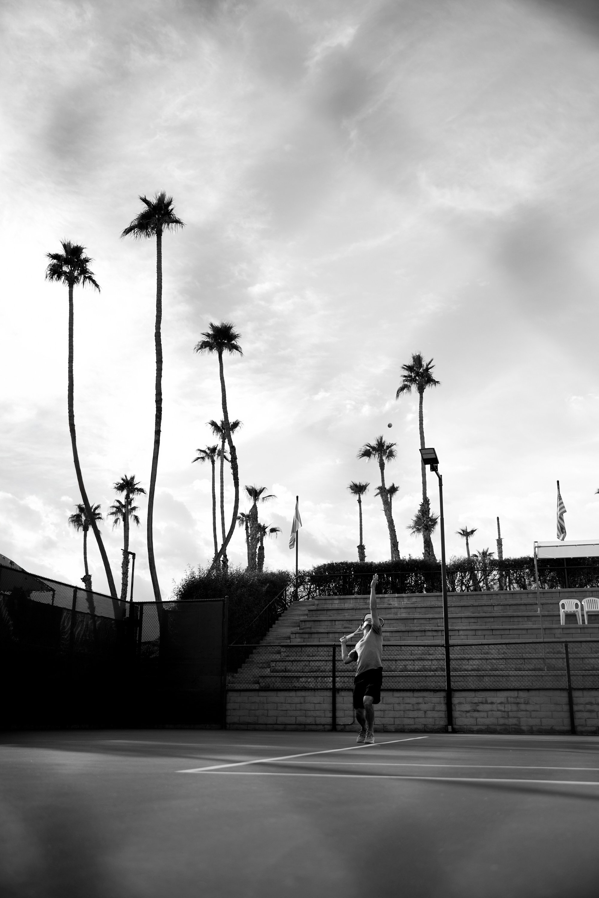 Player serving on a CC Tennis Club court under the palms